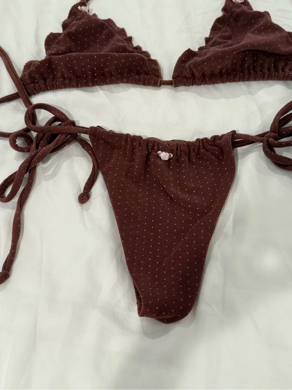 Frankie's Bikinis Brown Dotted Tie-Side Triangle Bikini